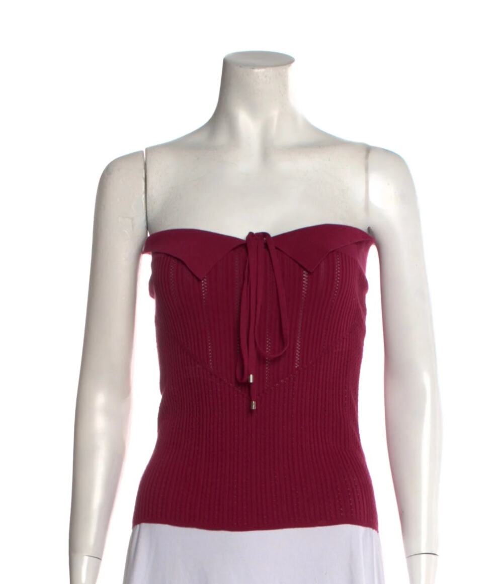 CHANEL Vintage Women’s Burgundy Strapless Corset Knit Top Tie Front Sweetheart